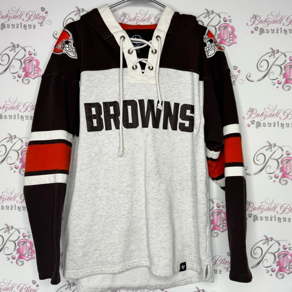 '47 Heathered Gray/Brown Cleveland Browns Gridiron Lace-Up Pullover Hoodie